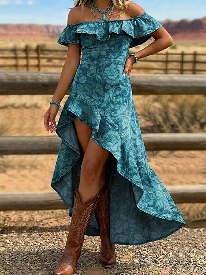 Vintage Floral Print Off Shoulder Ruffle Dress